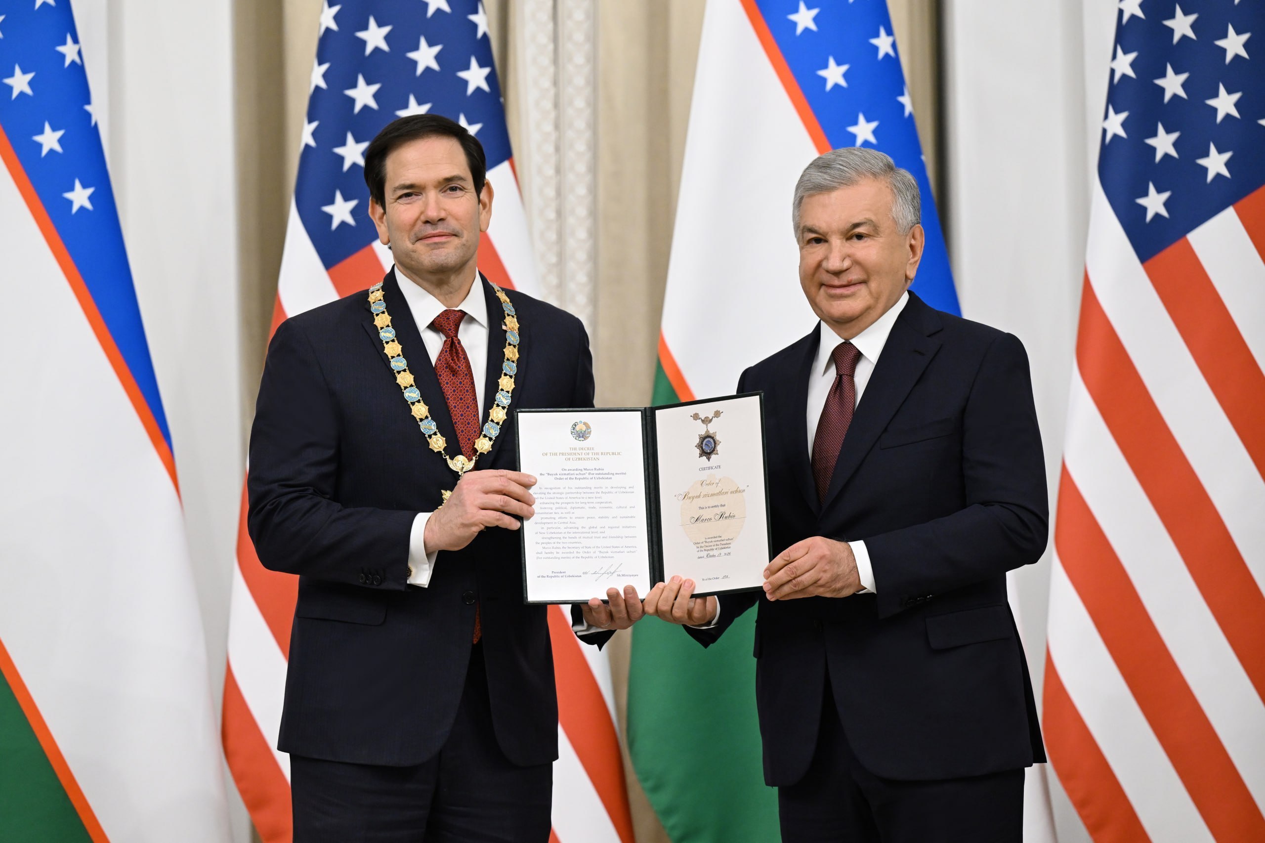 Secretary Rubio receives Uzbekistan’s “Buyuk xizmatlari uchun” order for strengthening U.S.-Uzbek ties
